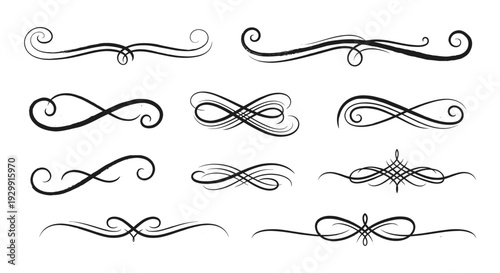 vintage calligraphic scroll dividers and elegant flourishes set perfect for decorative design elements and text separators.