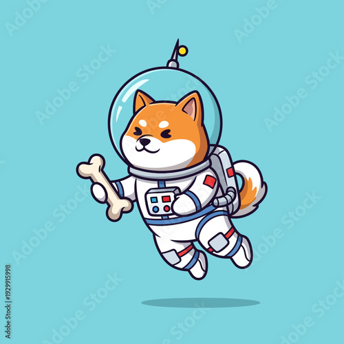 Playful Shiba Inu Astronaut Floating with Bone on Blue Background