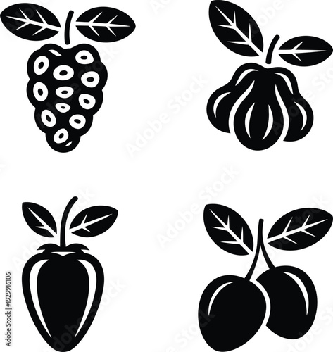 Tropical fruit and berry silhouette collection, black vector icons of custard apple and grapes isolated on white.