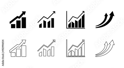 a collection of diverse growth chart icons and progress arrows illustrating an upward trend signifying success and continuous improvement.