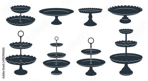 a collection of elegant vintage cake stands and tiered serving trays perfect for displaying pastries and desserts at special events