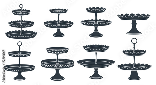 a collection of elegant tiered cake stands and dessert serving platters perfect for event design or bakery branding in a graphic icon style.