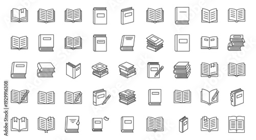 a comprehensive collection of modern line art book icons illustrating various reading concepts for educational design and digital resources.