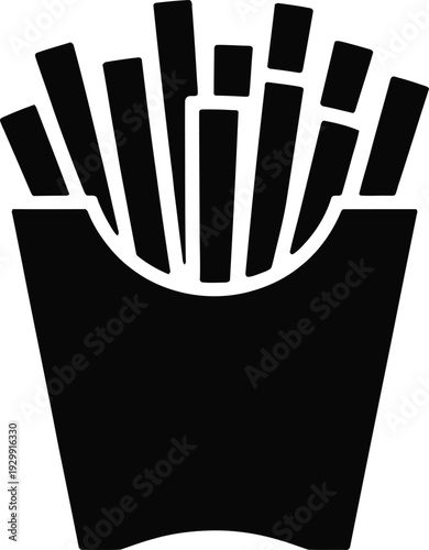 French fries in paper box silhouette, black fast food vector illustration isolated on white background