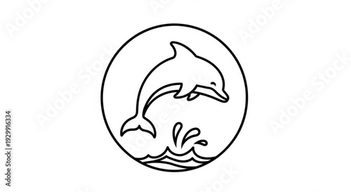 Dolphin jumping out of water in circle logo with wave splash black line art on white background