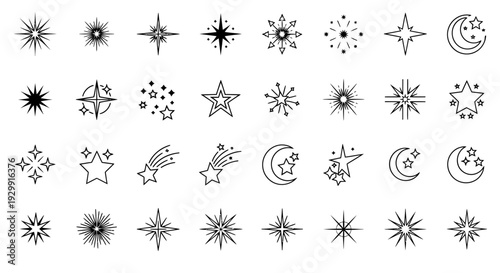 a comprehensive set of star and moon icons sparkling celestial symbols and graphic elements ideal for design projects and astronomy themes.
