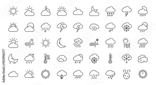 a comprehensive set of weather icons depicting various atmospheric conditions for digital applications and ui design
