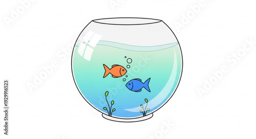 Two colorful fish swimming in a transparent glass bowl with aquatic plants and bubbles on a white background