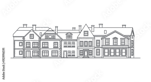 a row of charming old-fashioned townhouses in a simple line art drawing illustrating classic residential architecture and urban living