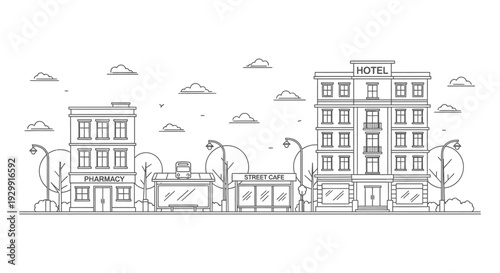 an urban street scene illustration featuring a pharmacy hotel street cafe and bus stop perfect for city life and architectural concepts