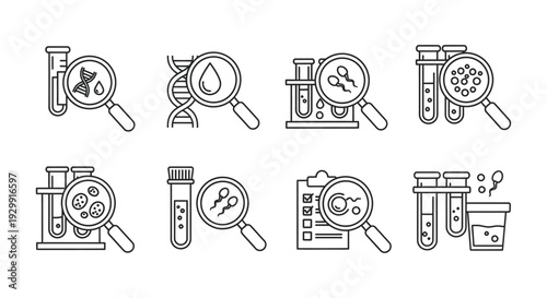 a set of line art icons depicting laboratory tests genetic analysis and fertility research ideal for medical and scientific use