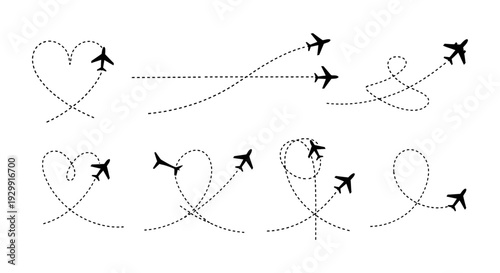 black airplane silhouettes tracing diverse dotted flight paths on white including heart shapes illustrating travel aviation and global connection.