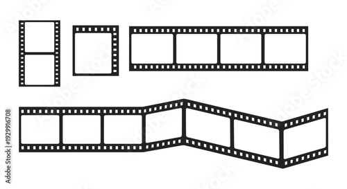 black and white film strips and frames on white background illustrating classic cinema movie and photography concepts.