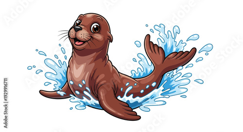 Cute cartoon seal splashing water, happy animal in ocean, playful marine mammal illustration