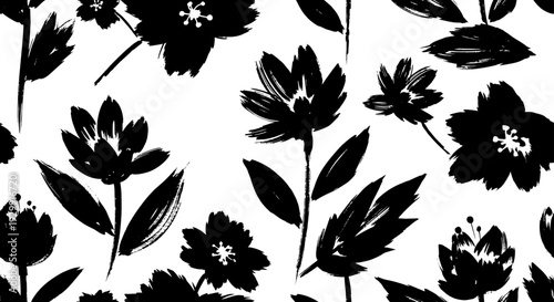 black and white floral pattern featuring artistic brushstroke flowers and leaves creating a modern graphic design ideal for textiles and backgrounds.