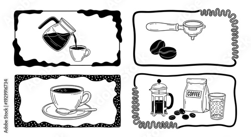 black and white hand-drawn coffee elements illustration set for cafe menus and vintage coffee shop designs.