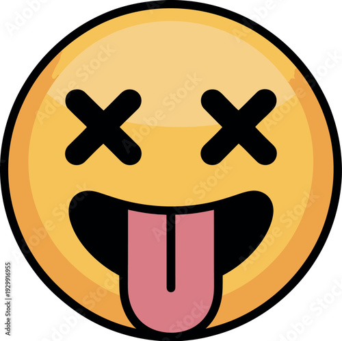 A cartoon emoji with a tongue out and crossed eyes on a white background
