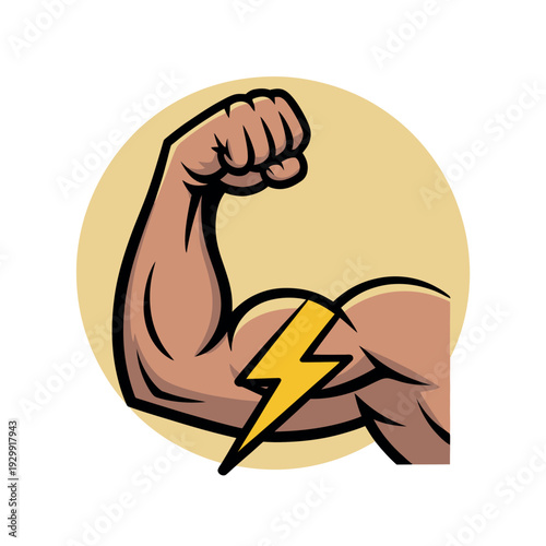 A muscular arm with a lightning bolt symbolizing strength and power in a bold graphic illustration