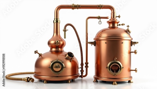 Copper alembic still for distilling alcohol or essential oil. This traditional craft equipment is isolated on a white background. It is a brewing apparatus.