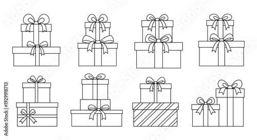 Collection of eight hand drawn outline gift boxes with ribbons and bows stacked in pairs celebrating holidays