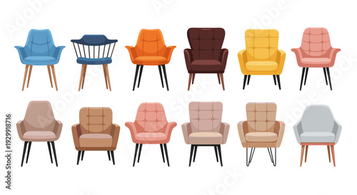 Diverse collection of modern armchairs in various vibrant colors and plush upholstery arranged in two rows