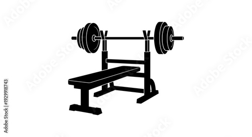 Silhouetted weightlifting bench press station with barbell and weight plates on a clean white background gym equipment