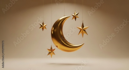 Golden crescent moon hanging with three golden stars against a plain background