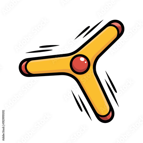 A cartoon illustration of a spinning yellow fidget spinner with red accents and motion lines on a white background