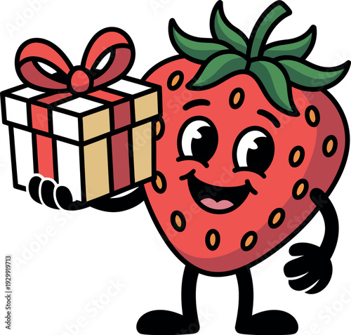 A cheerful cartoon strawberry character holding a gift box with a bow on a white background.