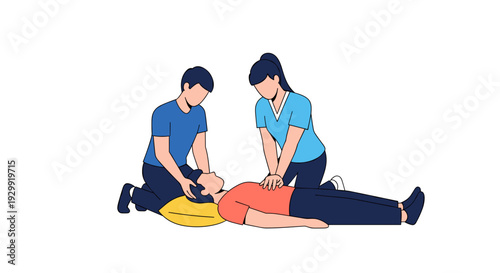 Two medical professionals performing cardiopulmonary resuscitation cpr on unconscious person lying on yellow pillow