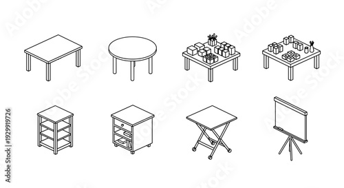 Collection of isometric line art furniture and display items including tables shelves and presentation board