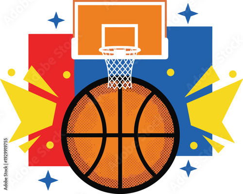 Colorful basketball illustration with hoop and backboard on abstract geometric background, vibrant sports vector graphic for tournament poster and school athletic team design