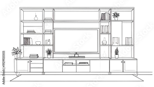 Classic Home Entertainment Center Line Drawing with TV Wall Unit Vector Illustration