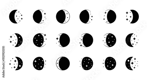 Celestial moon phases and starry night sky icons set cosmic cycle progression lunar illumination astronomy