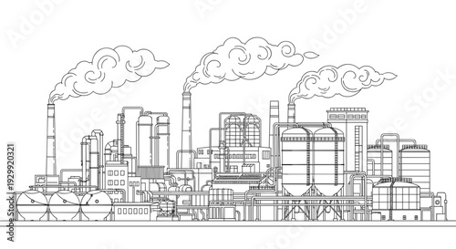 Industrial factory complex with multiple chimneys emitting smoke conveying pollution and manufacturing processes