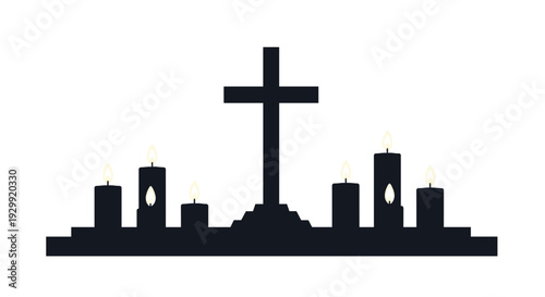 Silhouette of a christian cross on a raised platform surrounded by lit candles symbolizing faith hope and remembrance
