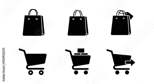 black shopping bags and carts set with add to cart and checkout symbols perfect for modern retail and e-commerce.