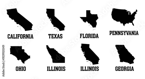 black silhouettes of us state maps with names featuring california texas florida illinois and pennsylvania for geographic design.