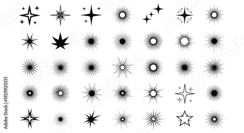 black sparkle star and light burst icons depicting various glow and shine effects for graphic design.