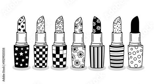 Collection of black and white illustrated lipsticks with unique patterns on tubes and tips isolated on a white