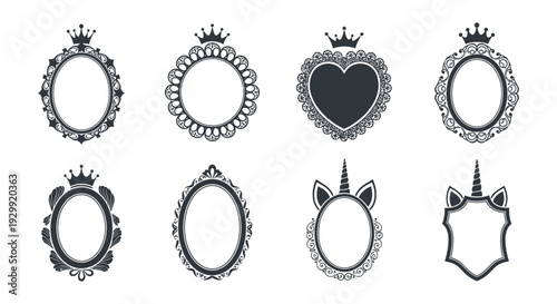collection of elegant ornate frames with royal crowns scrollwork and unicorn elements perfect for branding and fairytale graphic designs