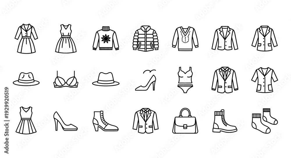 Fototapeta premium collection of line icons illustrating various mens and womens fashion apparel shoes and accessories for e-commerce.