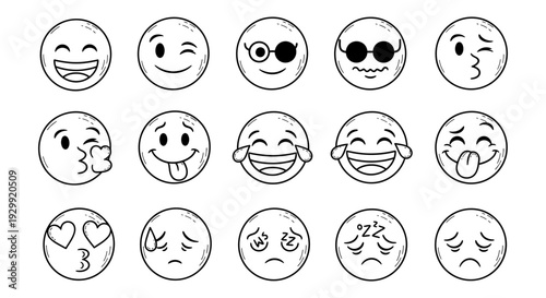 collection of hand-drawn emoji faces displaying various human emotions and expressions for digital communication and graphic design.