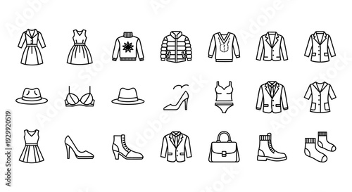 collection of line icons illustrating various mens and womens fashion apparel shoes and accessories for e-commerce.