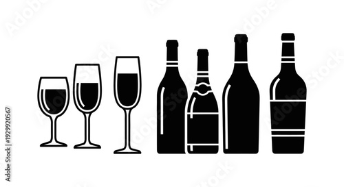 collection of minimalist wine glasses and bottles with champagne ideal for beverage industry branding.