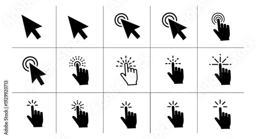 dynamic set of cursor and clicking hand icons representing interactive user experience elements for web and app design.