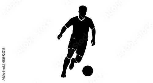 dynamic silhouette of a soccer player dribbling a ball on a clean white background ideal for sports branding and athletic themes