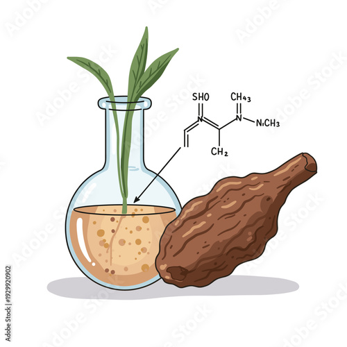 Scientific illustration of plant biotechnology with a flask, plant, chemical structure, and root.