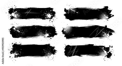 grungy black brush strokes with ink splatters halftone patterns and scratches creating a distressed abstract design element on a white background.