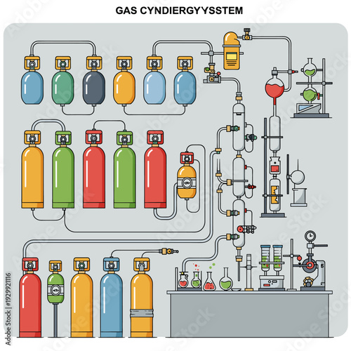 Detailed diagram of a gas cylinder system connected to laboratory chemical apparatus for industrial or scientific processes.